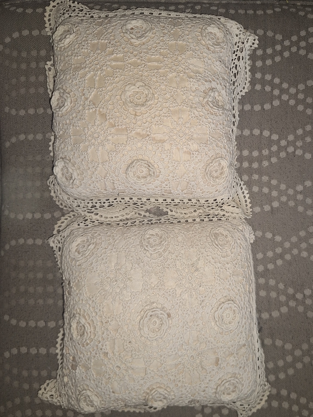 Hand Crochet Lace Throw Decor Pilliws Set Of 2 8"x8" Ivory Beige Romantic Boho